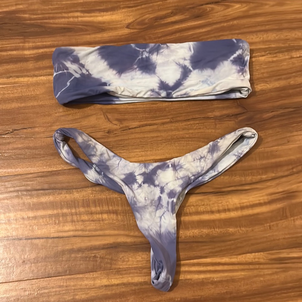 Frankie’s Bikinis tie dye bandeau bikini top and thong bottom